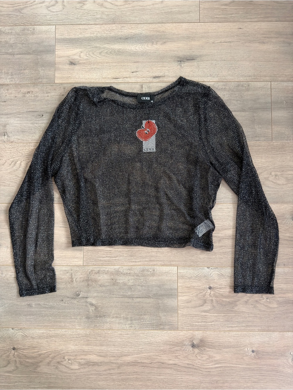 Cider Black Sheer Long-Sleeve Cropped Knit Top with Gold Embroidered Accent